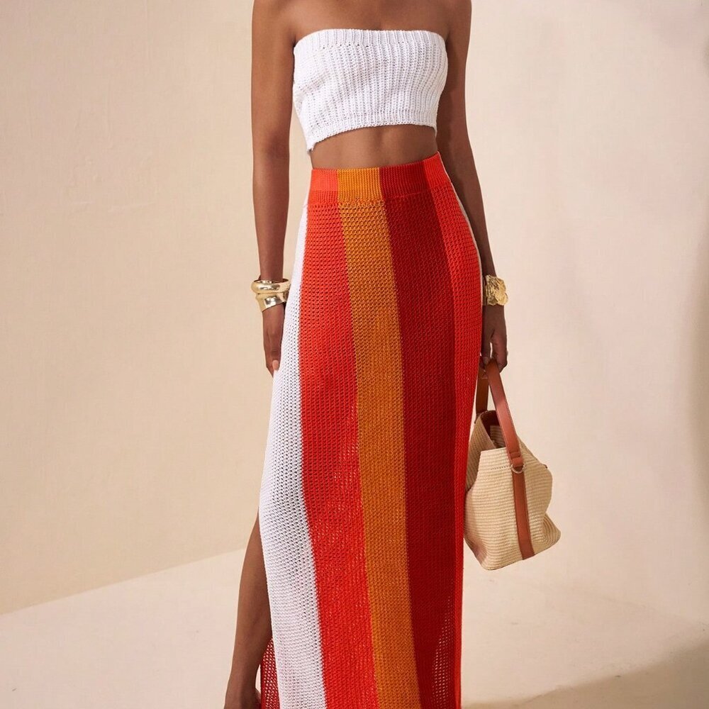 Multicolor Sexy Women's Tube Top Slim Knitted Sweater Vest and Skirt Set